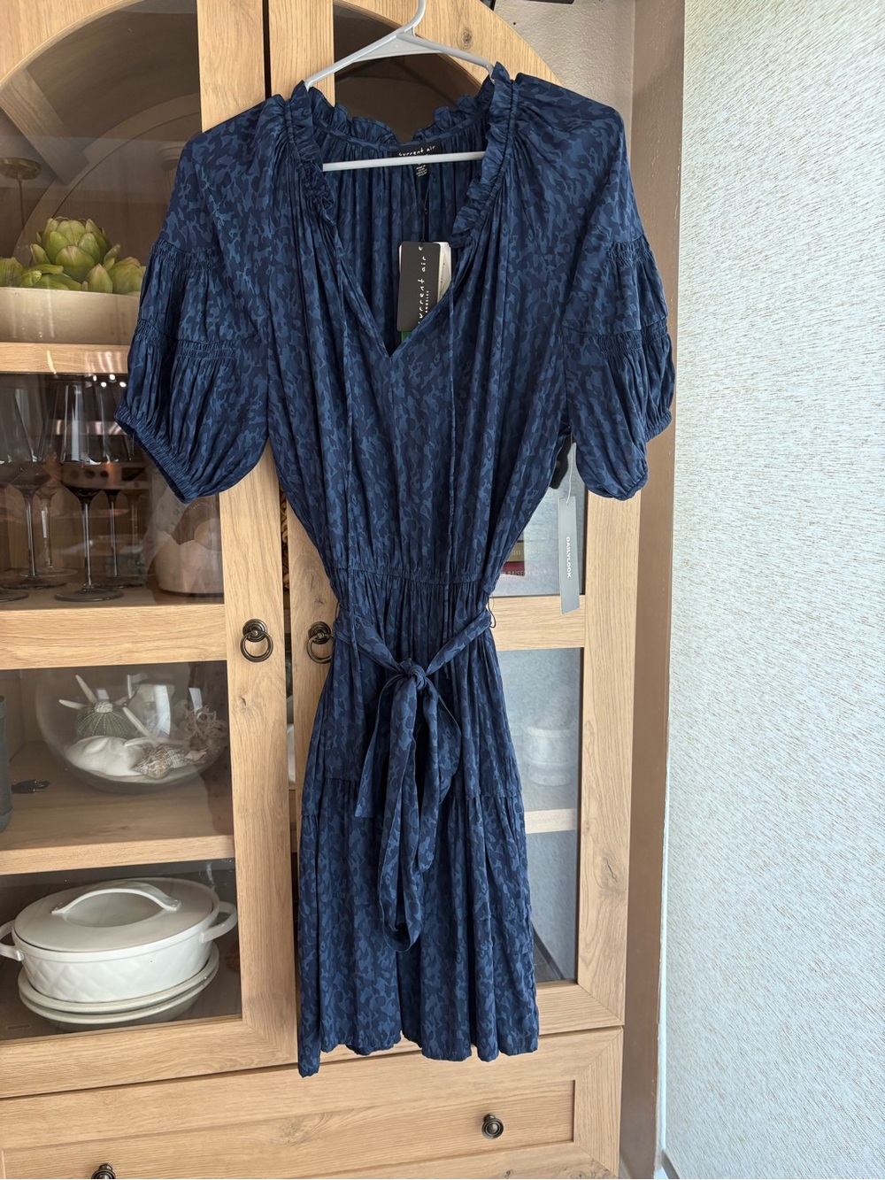 Current Air Navy Textured V-Neck Midi Dress with Tie Waist